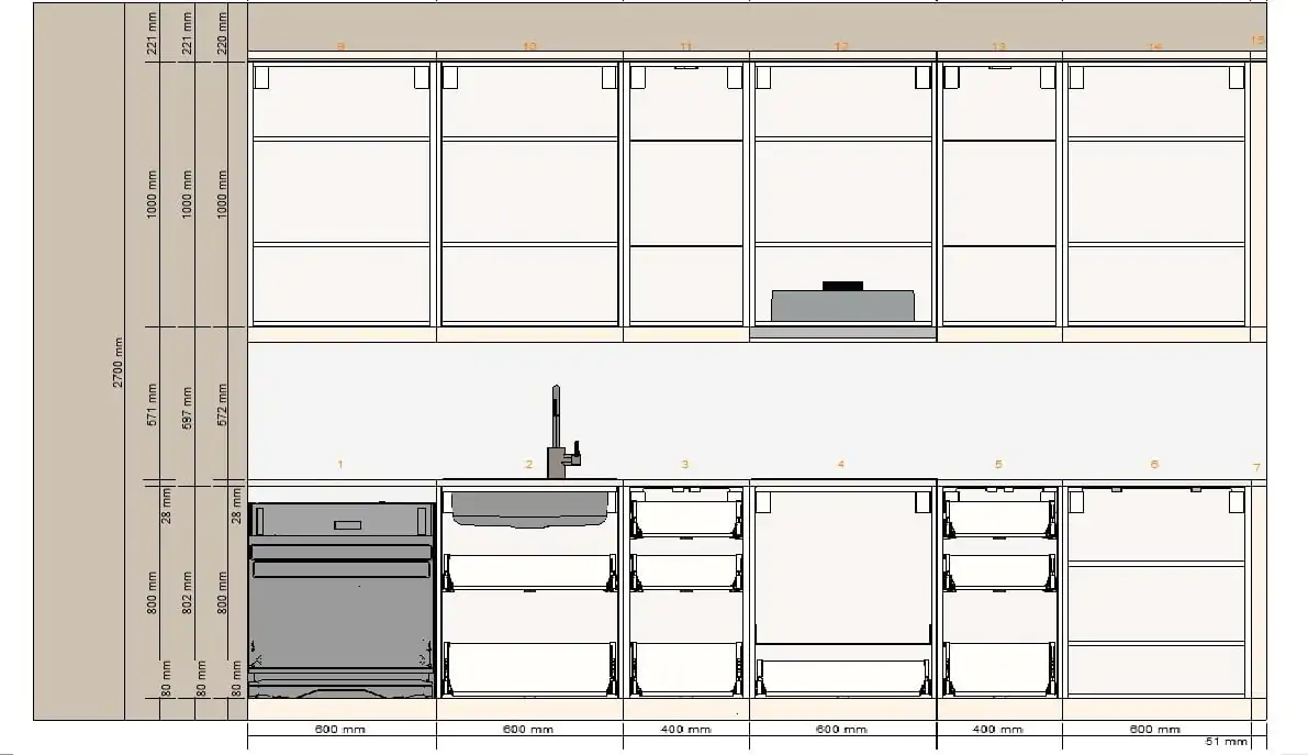 Projekt aneksu kuchennego IKEA Bodbyn – rysunek techniczny zabudowy kuchni w bloku z wymiarami szafek