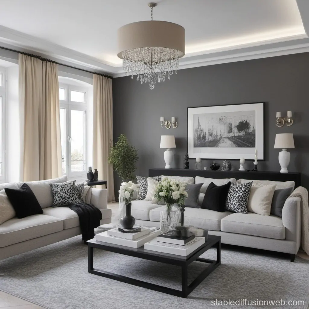 Salon w stylu glamour z jasnymi sofami, czarną konsolą, eleganckim żyrandolem oraz dekoracyjnymi poduszkami i wazonami z kwiatami