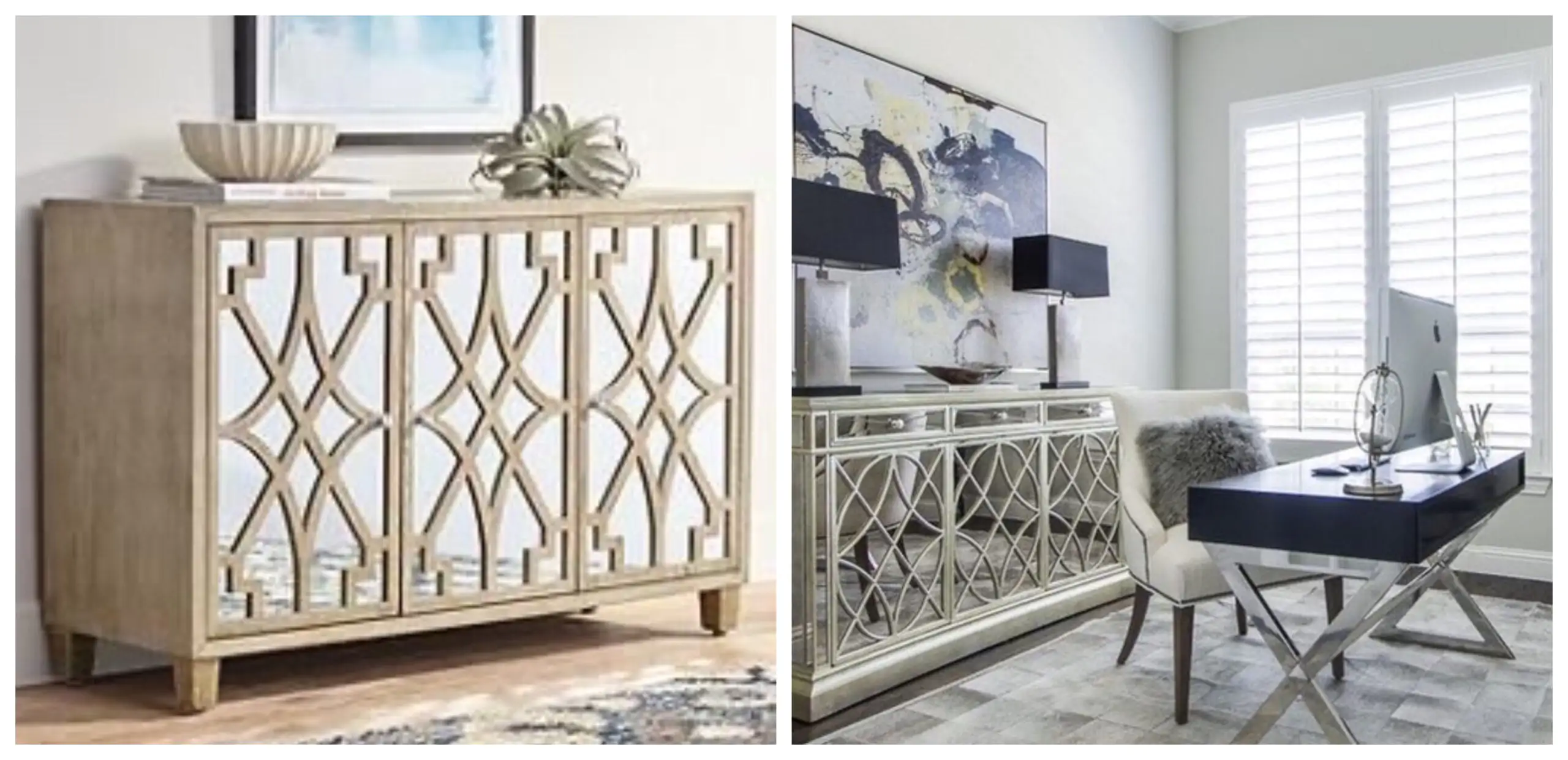 Eleganckie komody z geometrycznymi frontami i lustrem – inspiracja Ikea hack do salonu lub biura