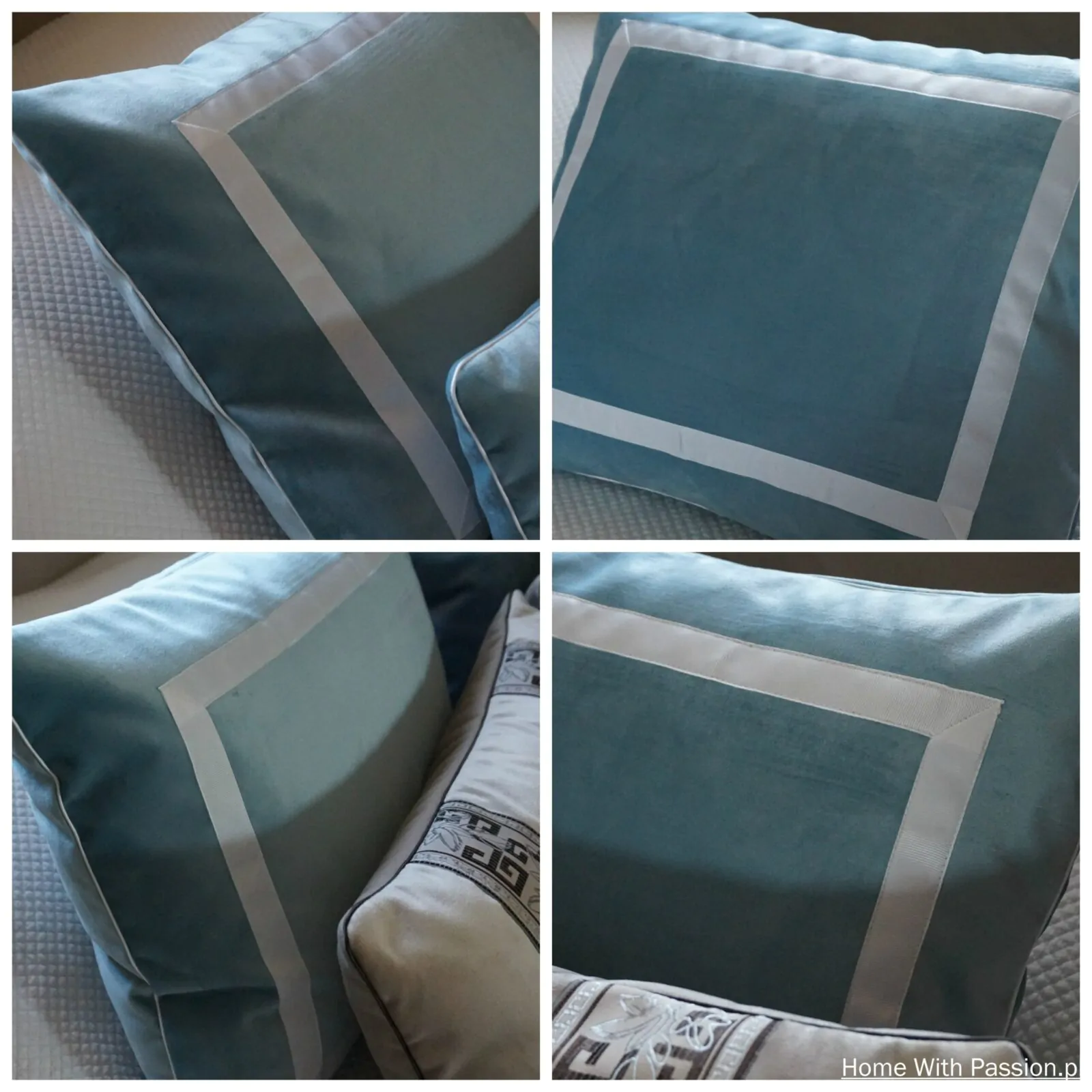 miętowa poduszka dekoracyjna z białą ramką – elegancka poszewka handmade do salonu lub sypialni