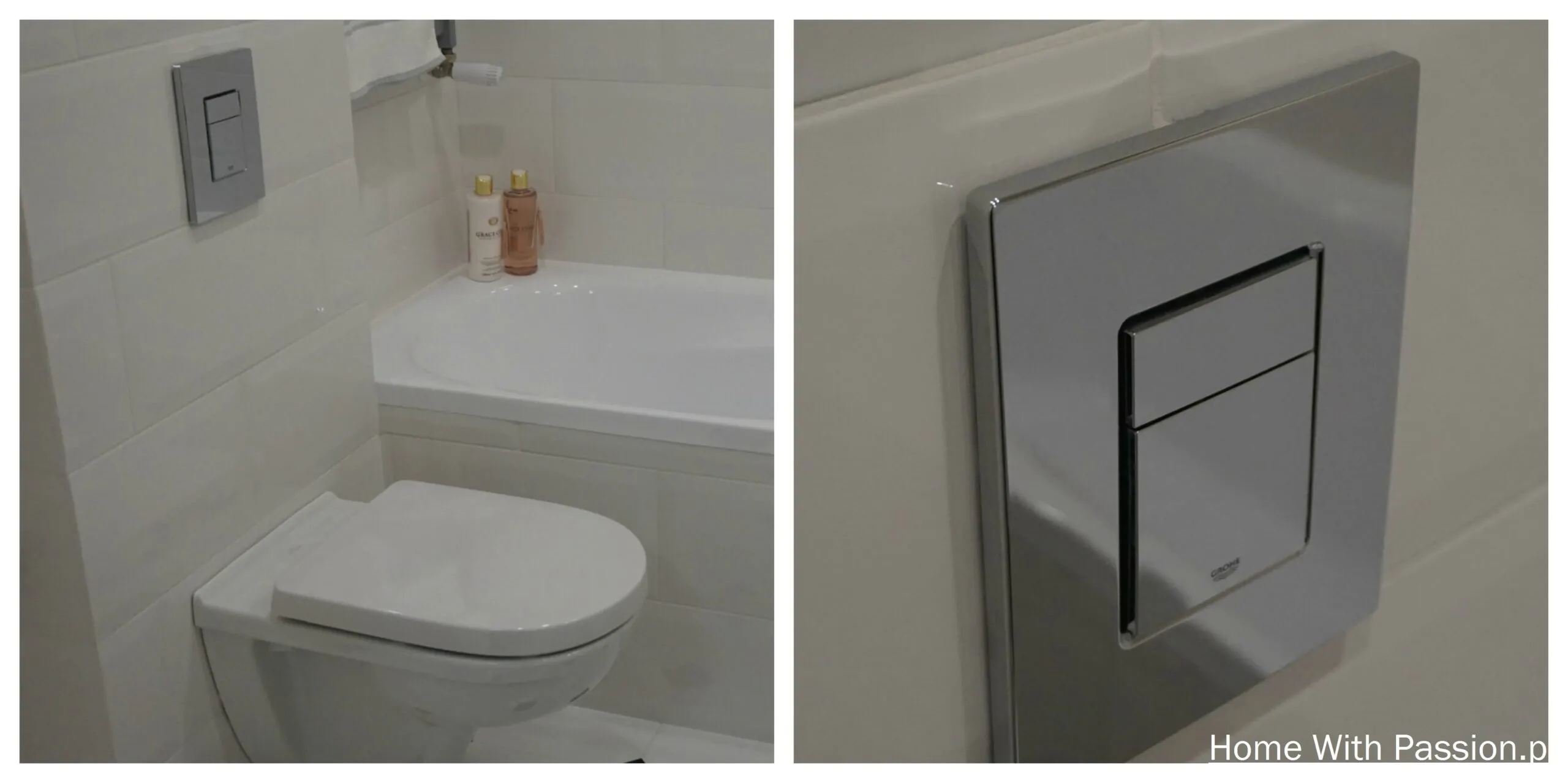 Podwieszane WC w małej łazience styl Hampton z eleganckim chromowanym przyciskiem spłukującym