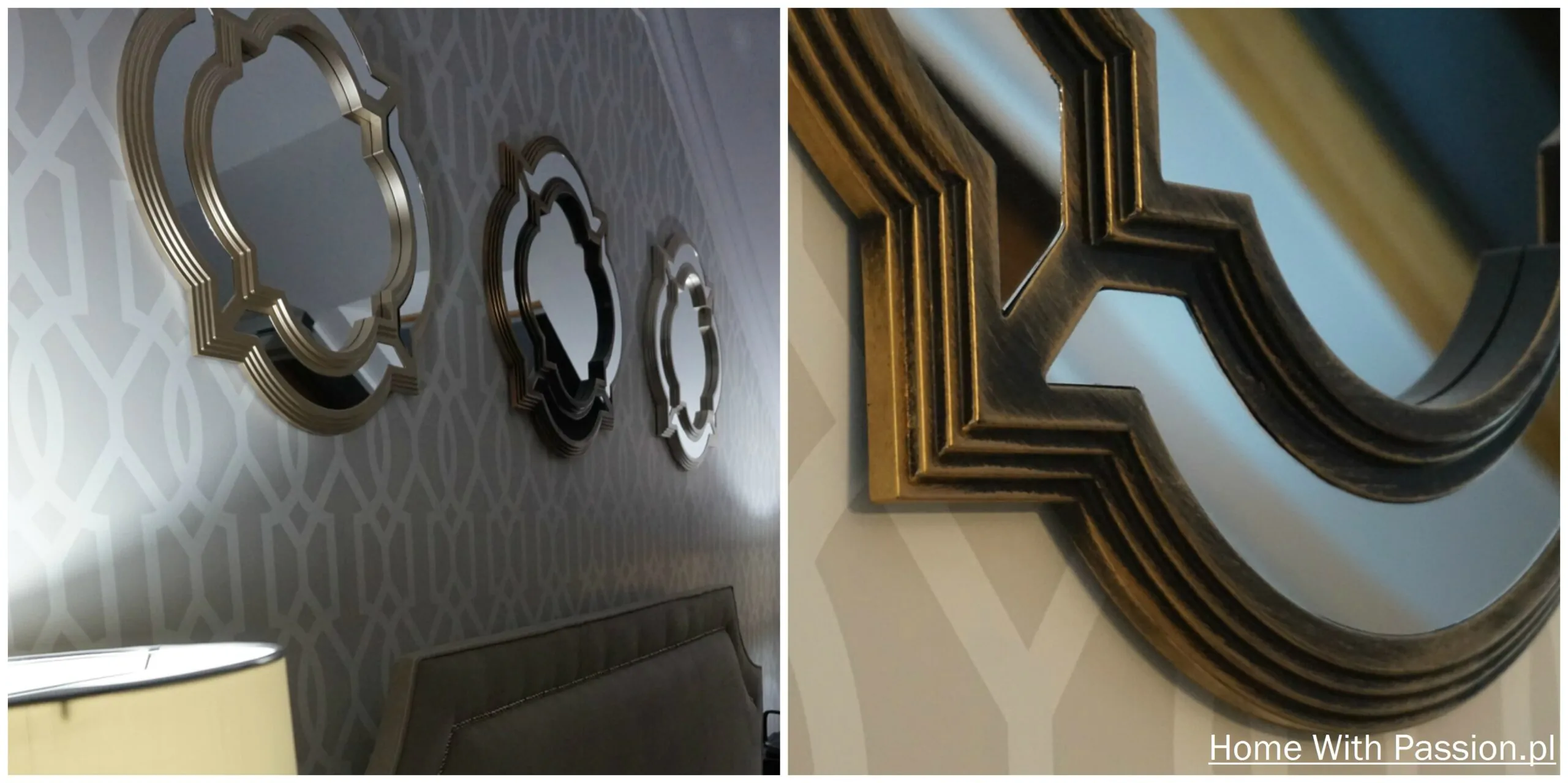 dekoracje ścienne w sypialni zestaw ozdobnych luster nad łóżkiem geometryczna tapeta elegancka aranżacja wnętrza