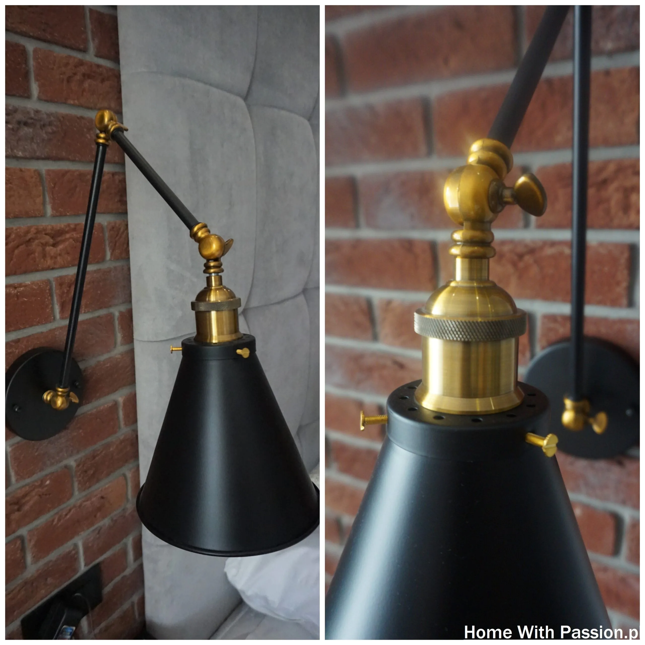 Lampa ścienna loftowa czarna z mosiężnymi elementami przy ceglanej ścianie