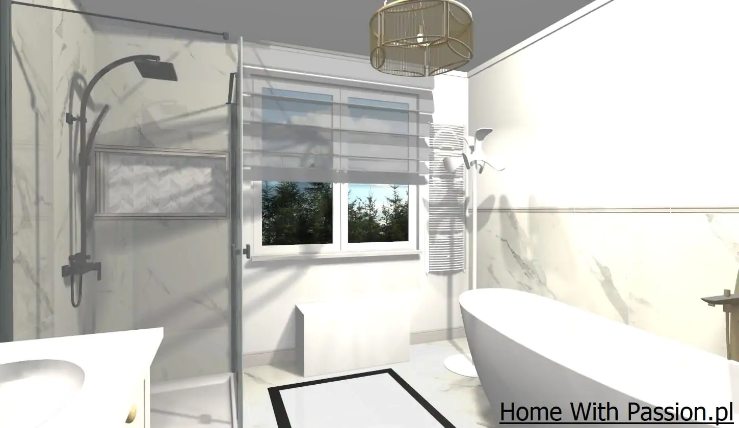 wizualizacja łazienki z prysznicem walk-in przy oknie, marmurowe płytki i nowoczesna aranżacja wnętrza
