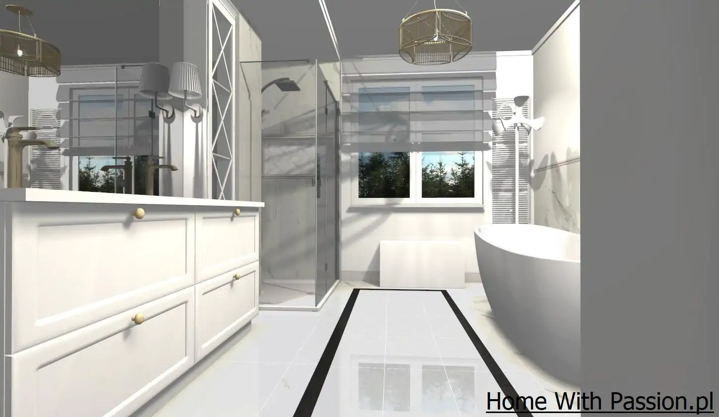 Nowoczesna łazienka z wanną wolnostojącą, podwójną umywalką, prysznicem walk-in i jasnymi płytkami w eleganckim stylu - projekt