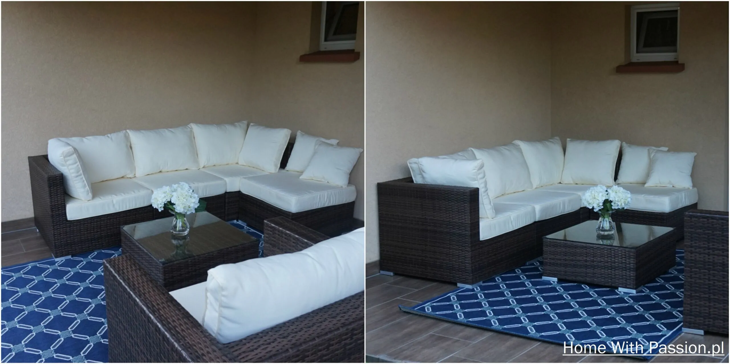 Taras aranżacja – narożna sofa technorattanowa z jasnymi poduszkami i dywanem outdoorowym
