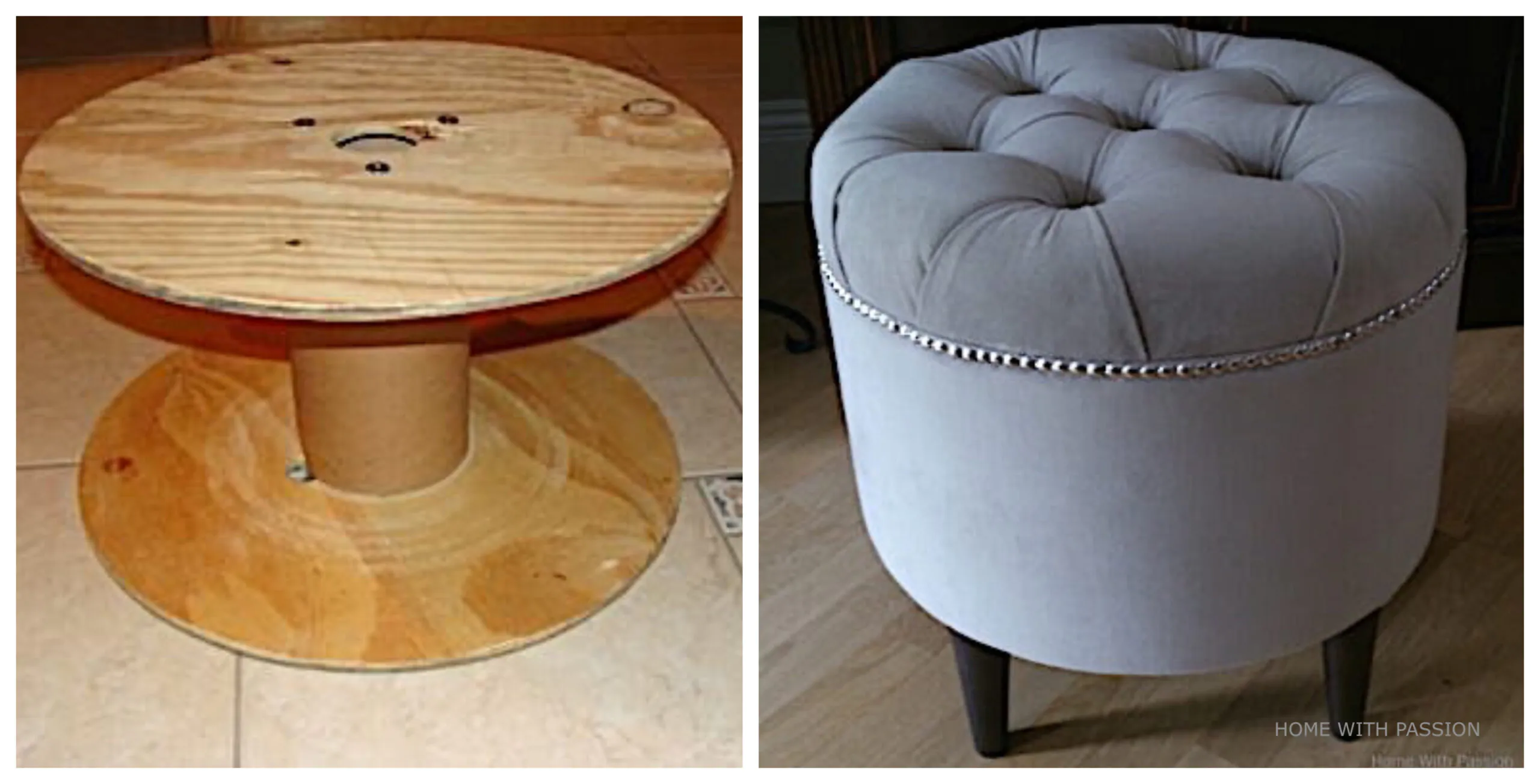 Pufa ze szpuli po kablu – upcycling mebli DIY, stylowa pufa tapicerowana do salonu