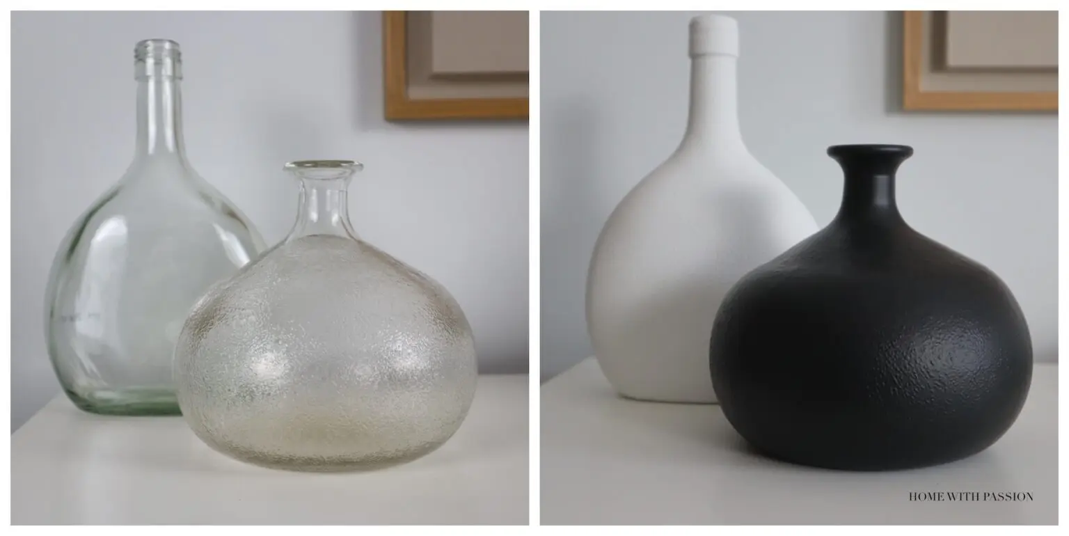 Szklane butelki po renowacji – upcycling dekoracji, malowane wazony DIY w stylu minimalistycznym czarno-białym