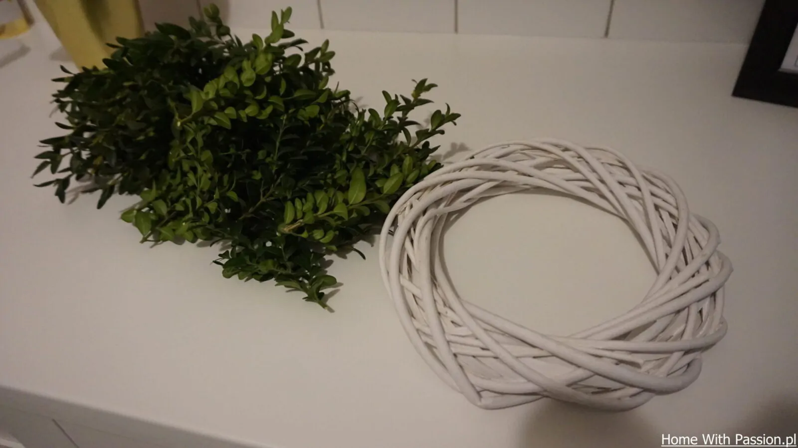 materiały do wykonania wianka wielkanocnego – zielone gałązki i biała wiklinowa baza