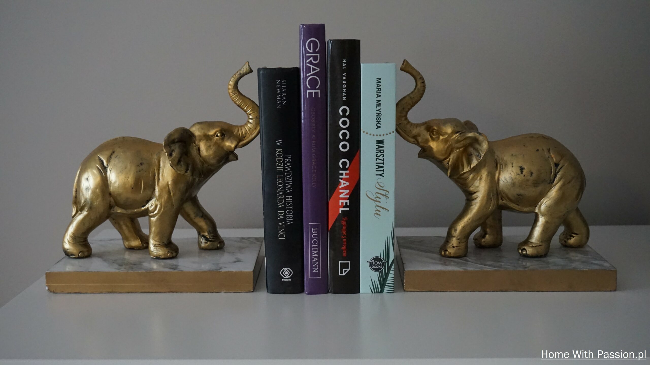 podpórki do książek diy złote słonie