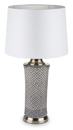 lampa ceramiczna z białym płóciennym abażurem