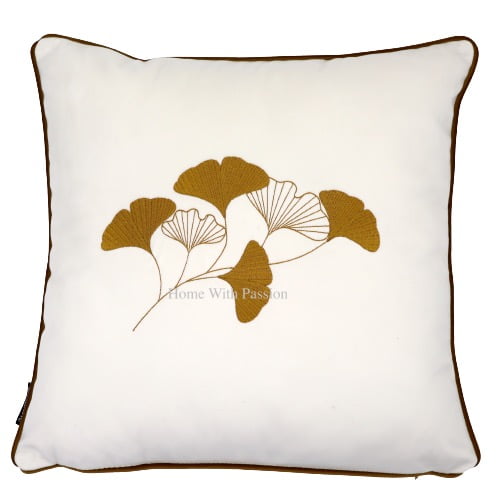 welurowa poduszka ze złotym haftem liście miłorzębu