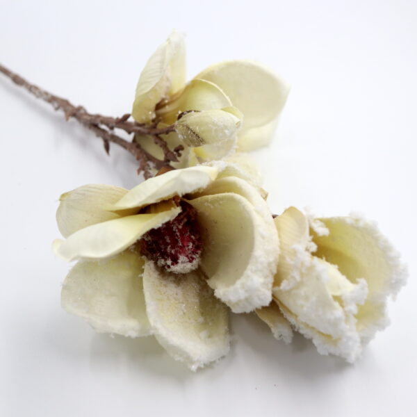 dekoracja świąteczna sztuczna magnolia kremowa ośnieżona