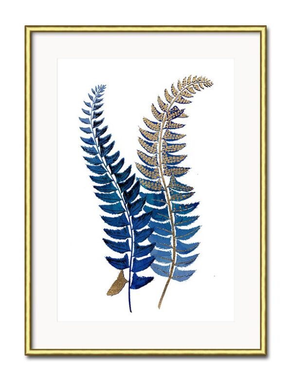 obraz marynistyczny niebieskie liście paproci w złotej ramie