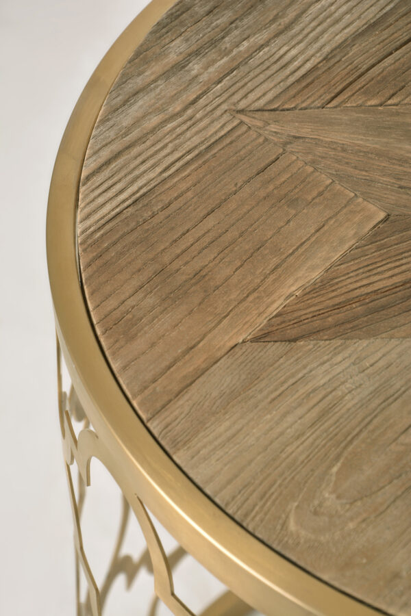 stolik pomocniczy złoty z drewnianym blatem